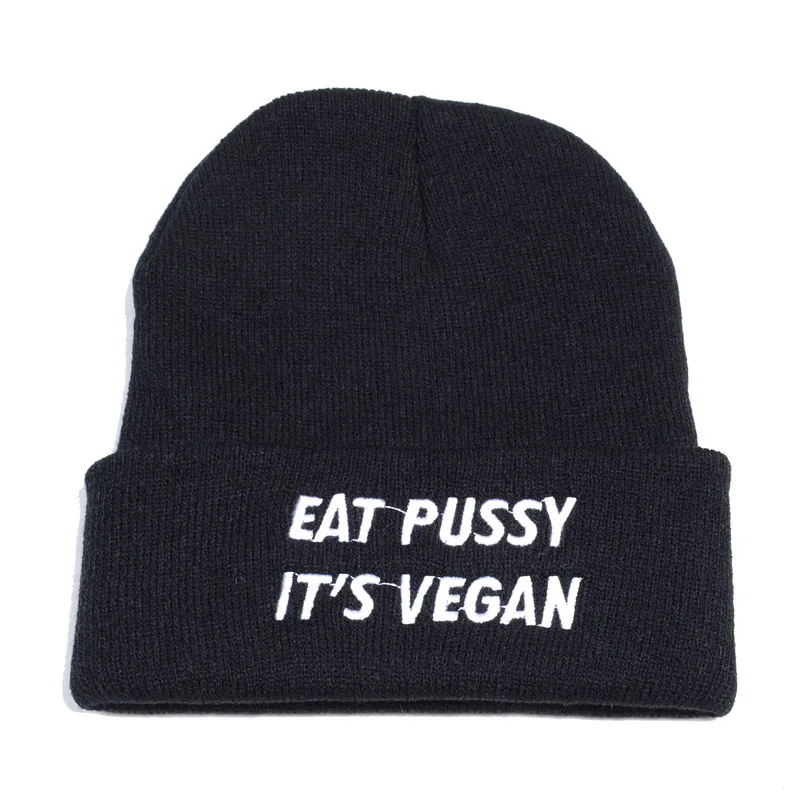 Eat pussy его веганские буквы вышивка женская шапочка Повседневная хлопковая хипстерская забавная теплая зимняя вязаная шапка унисекс мультяшная Лыжная шапка - Цвет: Черный