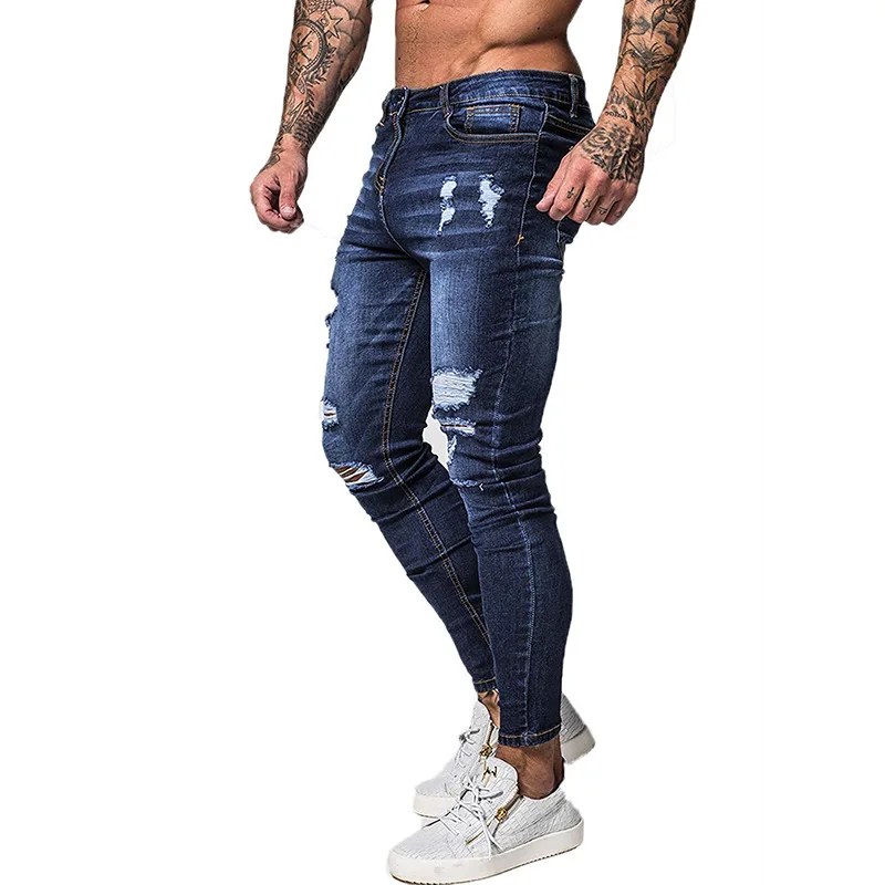 Navy Blue001 Мужские крутые дизайнерские брендовые узкие джинсы, обтягивающие рваные Стрейчевые облегающие штаны в стиле хип-хоп с дырками для мужчин, джинсы с принтом - Цвет: Navy Blue001