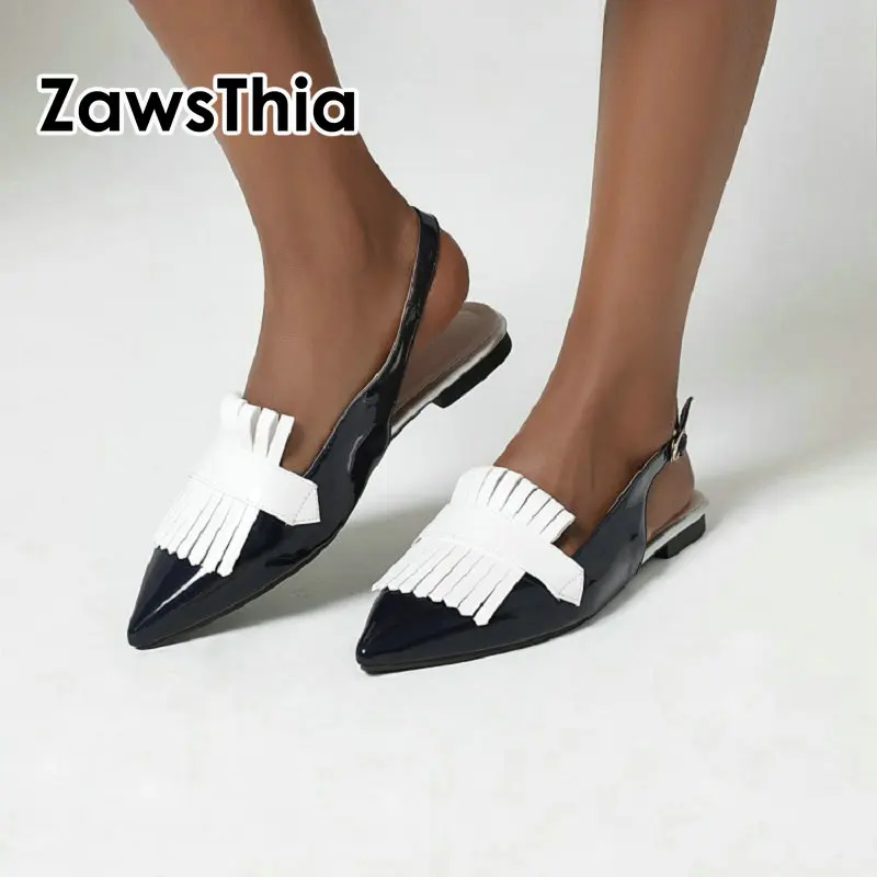 

ZawsThia 2020 summer womens shoes patent PU leather contrast color woman flats sandals casual slingback yellow big size 46 47 48