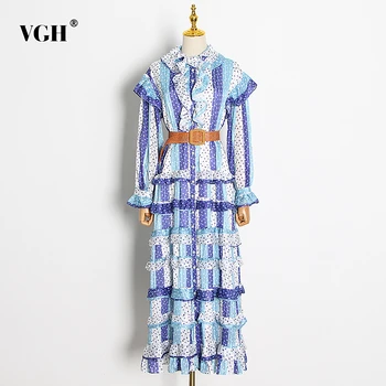 

VGH Cintage Dot Striped Women Dress Turtleneck Lantern Long Sleeve High Waist Patchwork Ruffle Hit Color Maxi Dresses For Female