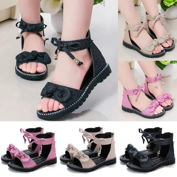 

Kids Girls Summer Sandals Glitter Sequins Shiny Shoes Cute Bownot Sandals Kids Beach Zipper Shoe party wedding Flat Sandal D30