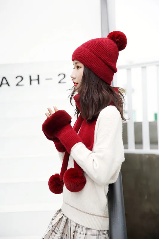 Winter Knitted Wool Hat Scarf Gloves Set Warm Three sets Women Men Plus velvet thickening women ball caps scarf girls