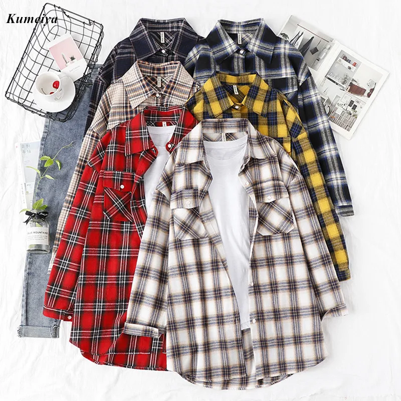 

2019 Autumn Plaid Flannel Shirt Women Blouses And Tops Retro Cotton Lady Loose Outwear Chemisier Femme Two Pockets