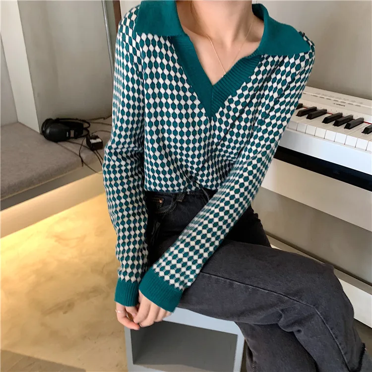 Neploe, v-образный вырез, контрастный цвет, нашивка в горошек, дизайн, Pull Femme, отложной воротник, контрастный цвет, длинный рукав, вязаный свитер, теплый, Sueter
