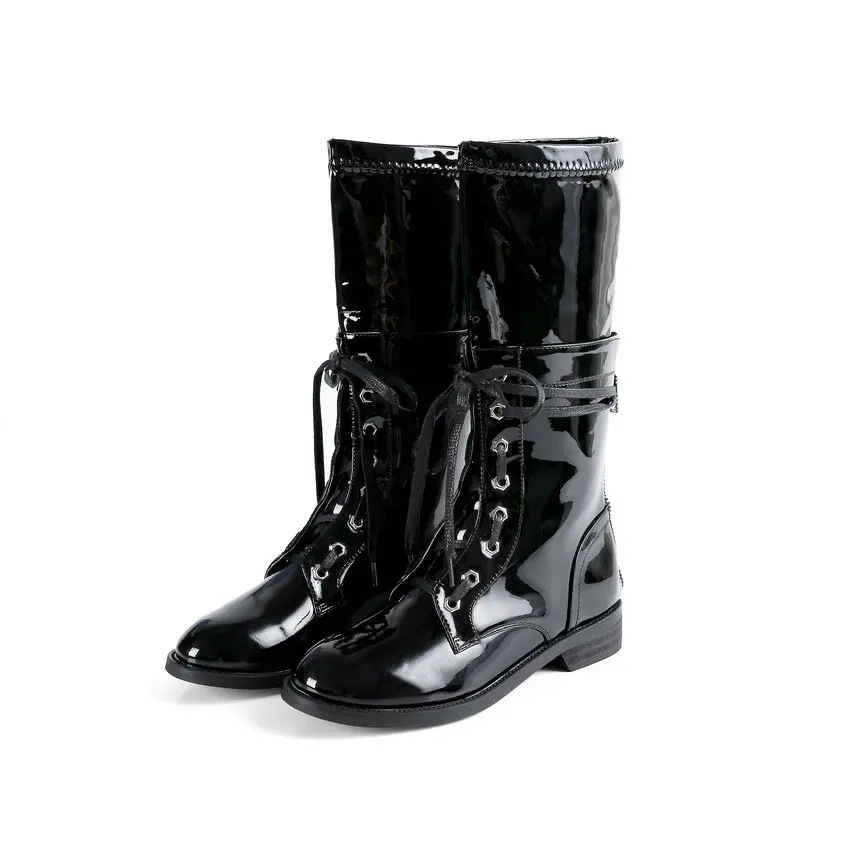 Black-Patent Leather ESVEVA/ г. Ботинки до середины икры из лакированной искусственной кожи, с круглым носком, на шнуровке, на молнии универсальная осенне-зимняя женская обувь на квадратном каблуке размеры 34-43 - Цвет: Black-Patent Leather