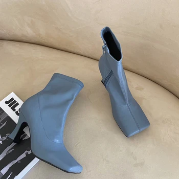 

2020 Luxury Women Blue Beige 7cm High Heels Sock Boots Square Toe Soft Leather Ankle Boots Chelsea Boots Party Shoes Botas Mujer