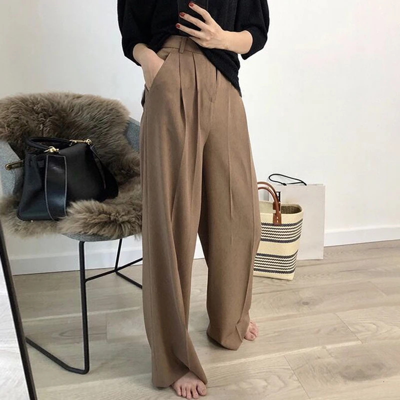 CHICEVER Korean Style Solid Women's Wide Leg Pants High Waist Ruched Maxi Pants Female Autumn Fashion Casual Clothing New