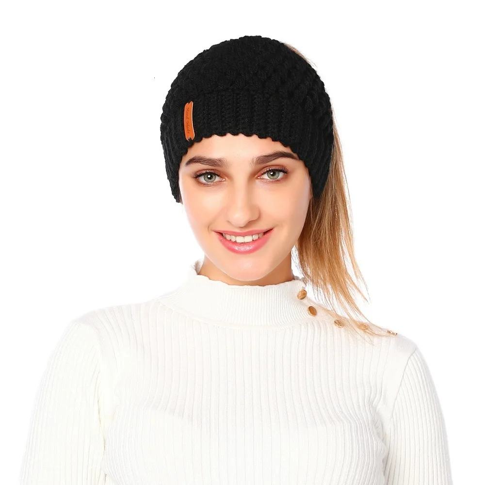 Удерживающие развивающие волосы шапка Beanie горячая Распродажа зимние женские вязаные хлопковые конский хвост этикетки шапочка теплые шапки для девочек