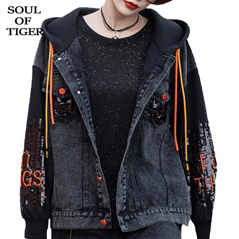 

SOUL OF TIGER 2020 Spring European Fashion Style Ladies Vintage Coats Womens Casual Patchwork Denim Jackets Punk Loose Clothes
