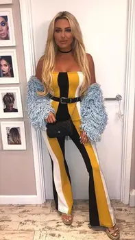 

New Celebrity Yellow Black Patchwork Boot Cut Rayon Bandage Jumpsuit Top Quality Evening Party Jumpsuit