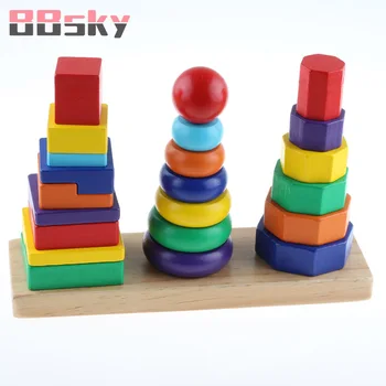

BBSKY Children Educational geometry Toys Three-pillar Rainbow Building Set Wooden Three-column Tower Girls Boys Puzzle Toy C129