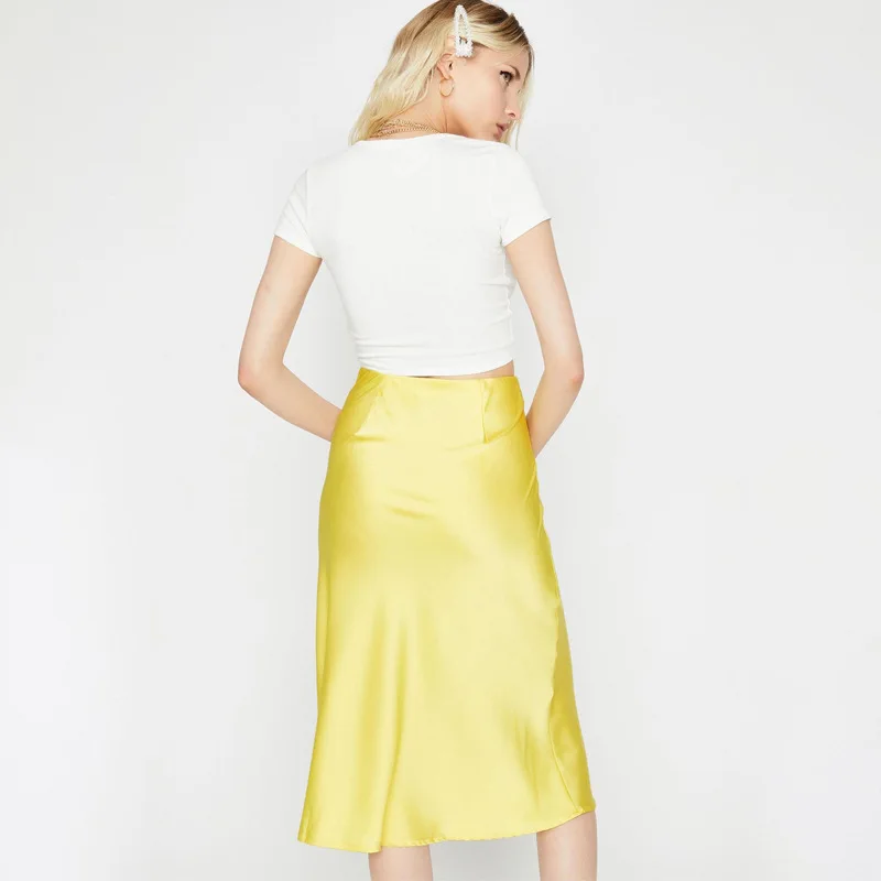 BOOFEENAA, элегантная Сексуальная сатиновая шелковая длинная юбка с высокой талией,, модные повседневные трапециевидные юбки, женские розовые, желтые, черные, C70-H72