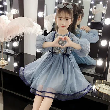 

New 5-10 year old girl baby lace embroidered princess dress child dress spring and summer sweet princess baby mesh dress