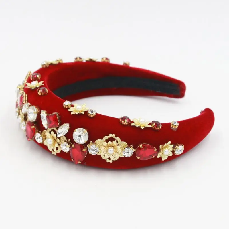 Baroque Thick Padded Headband Womens Jewelry Rhinestone Faux Pearls Hair Hoop