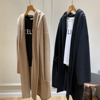 

Spring and Autumn Women's Coat Cashmere Coat Solid Color Knit Cardigan Loose Comfortable Hooded Sweater Long Base Wool Coat