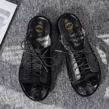 

Popular 2020 Man Beach Casual Shoes Black Outdoor Slippers Men Summer Man Beach Slippers Fashion Lacing Pu Leather Slippers Mens