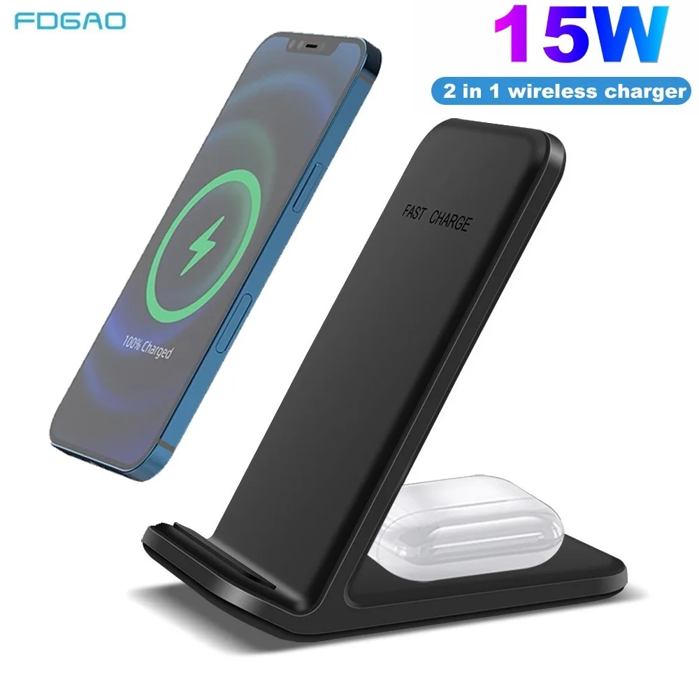FDGAO 15W Qi Wireless Charger 2 in 1 Fast Charging Stand For iPhone 12 Mini 11 Pro XS Max XR X 8 Airpods Pro Samsung S20 S10 S9