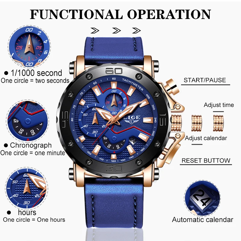 Skup LIGE nowe męskie zegarki Top marka luksusowe duże pokrętło wojskowy zegarek kwarcowy niebieska skóra wodoodporny chronograf sportowy dla mężczyzn