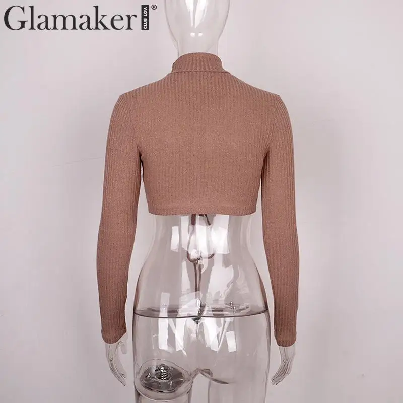 Glamaker, Женская водолазка на шнуровке, укороченный топ, женская мода, уличная одежда, вязаный теплый короткий топ, Осенние сексуальные вечерние топы