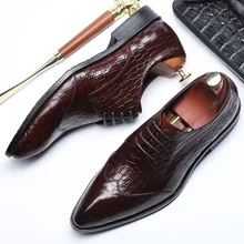 Classic Men's Formal Dress Derby Office Shoes Genuine Leather Handmade Wedding Party Flats Pointed Toe Crocodile Shoes