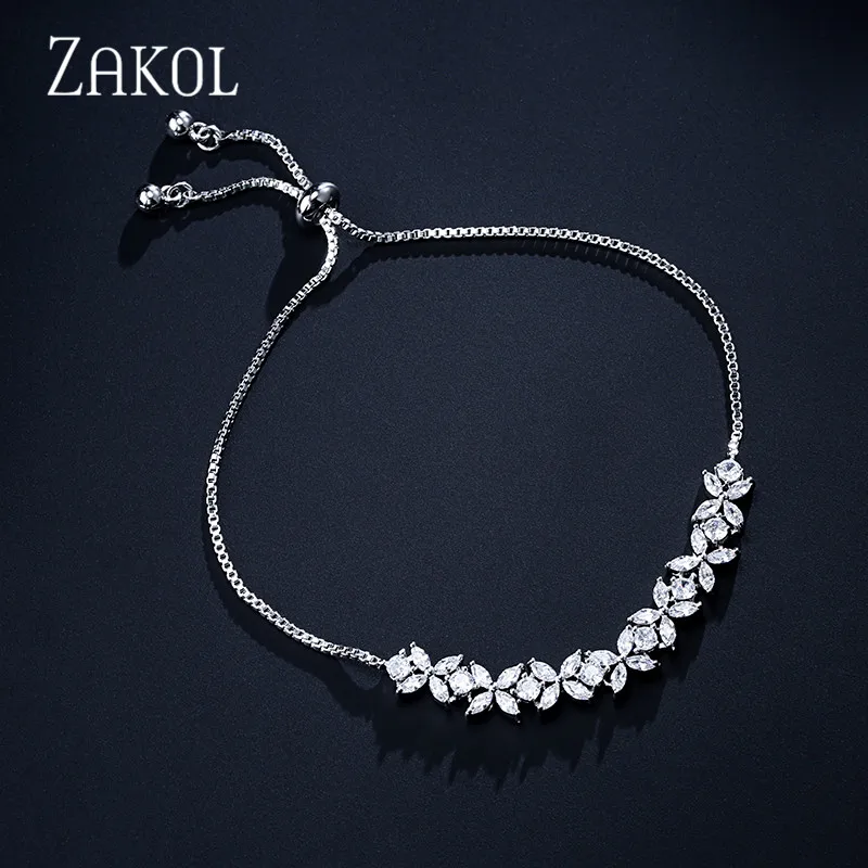ZAKOL, Новое поступление, белый Фианит, циркон, камни, цветок, шарм, регулируемые браслеты для женщин, модные свадебные ювелирные изделия, FSBP2136