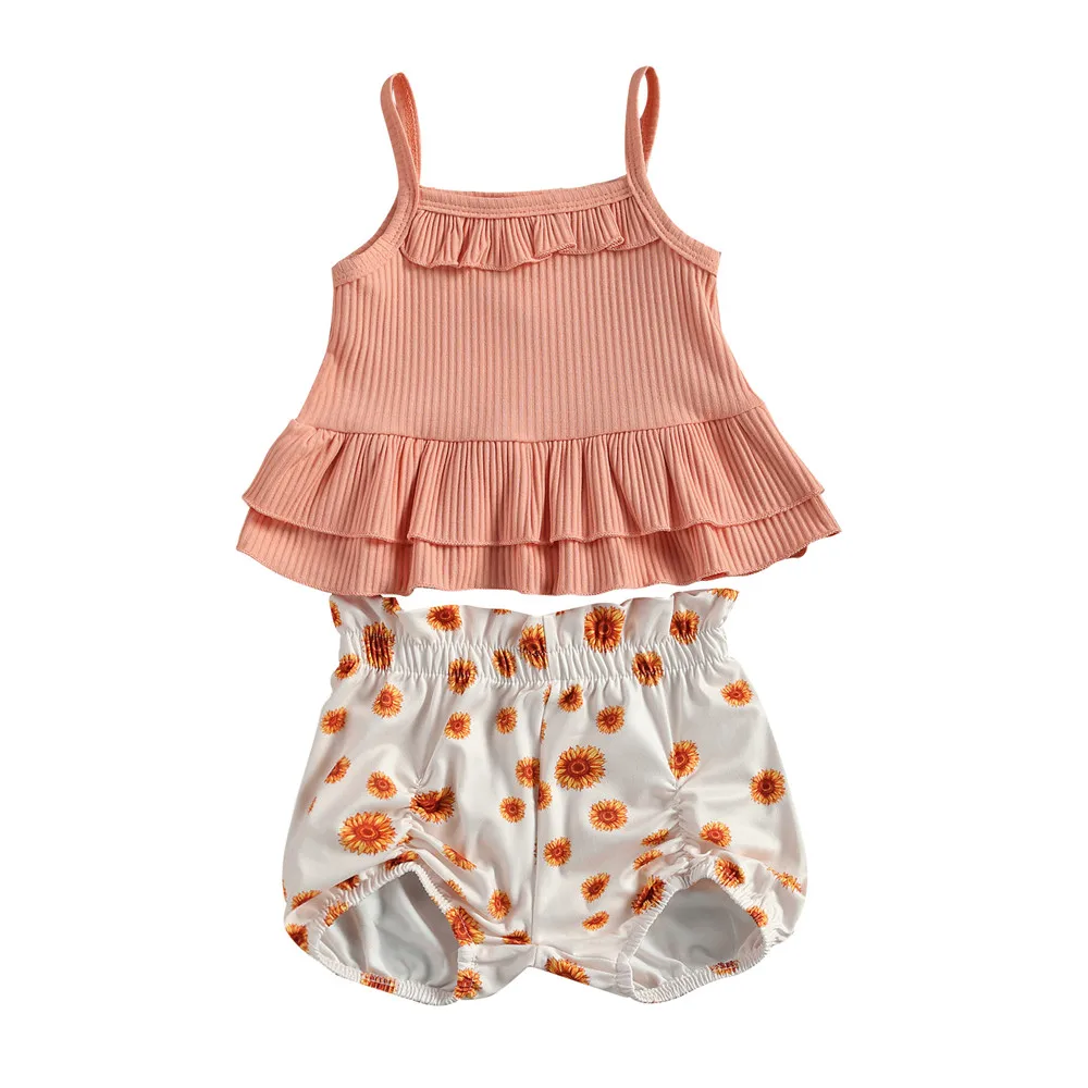 

2021 Summer Baby Girls Clothes Sets Clothing Set Flower Print Sleeveless Sling Tops and Shorts Two-piece Suit for Birthday Party