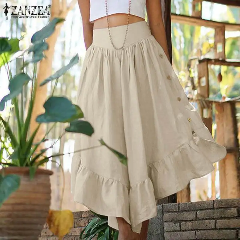 ZANZEA Summer High Waist Flare Trousers Bohemian Ruffles Hem Pants Women Wide Leg Pantalon Casual Lace Up Flounce Palazzo 5XL