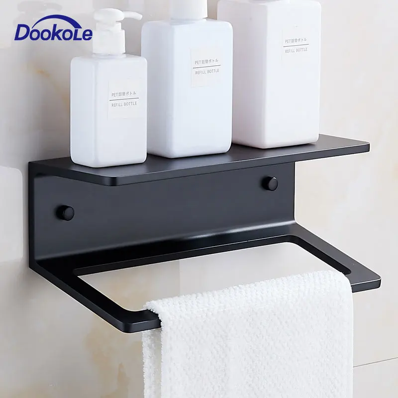 

Bathroom Towel Rack with Shelf Wall Mount, Hand Towel Holder Towel Ring Multi Use Kitchen Rack Shelves Hardware Set Matte Black