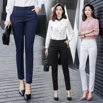 2020 New High Waist Office Lady Pants Korean Fashion Ladies Full-length Straight Pants Women Formal Work Wear Solid Trousers