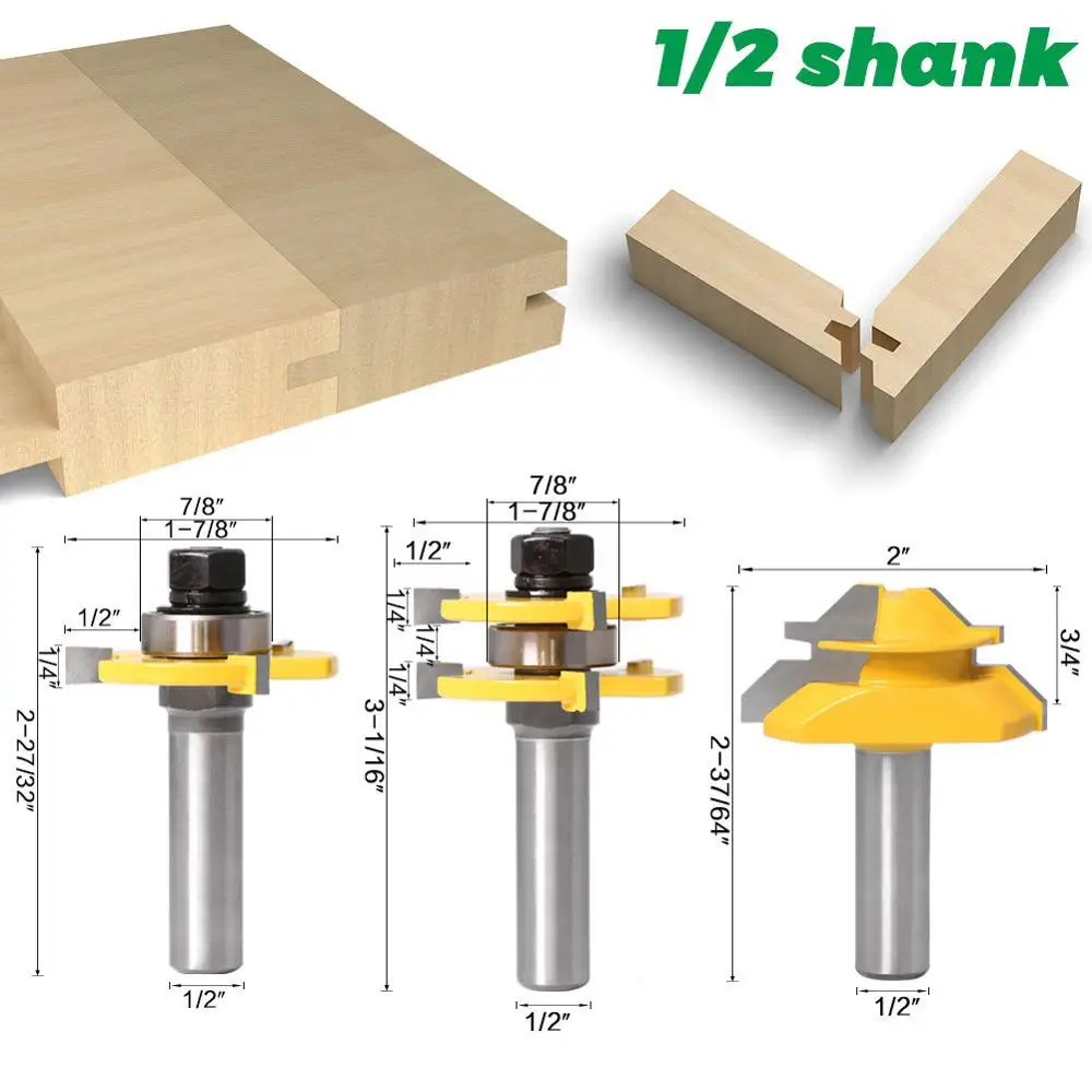 

3pcs/set 1/2" Shank High Quality Tongue & Groove Joint Assembly Joinery Router Bit Set 3/4" Stock Wood Cutting Tool