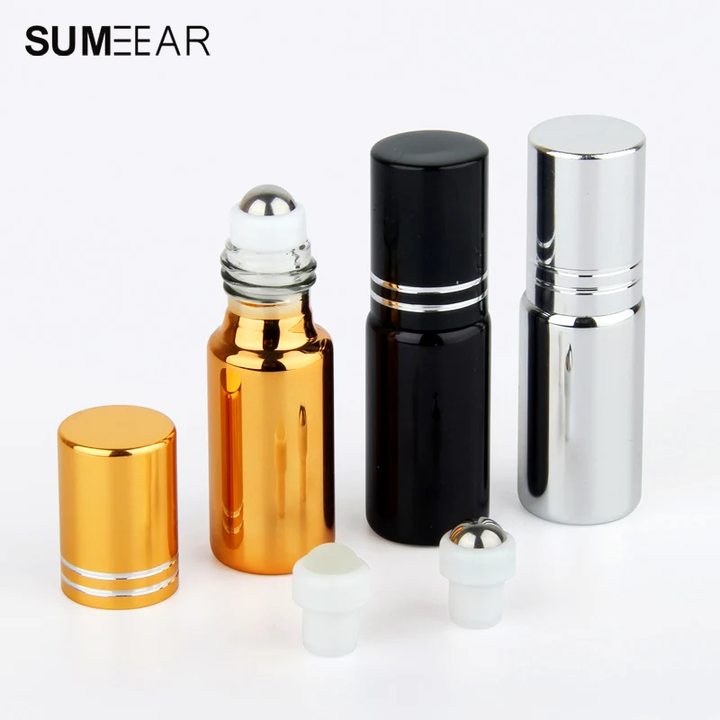 

100 pieces/Lot 5ml Essential Oil Bottles Mini Empty Roller Bottles Gold Silver Black UV Glass Refillable Perfume Bottle