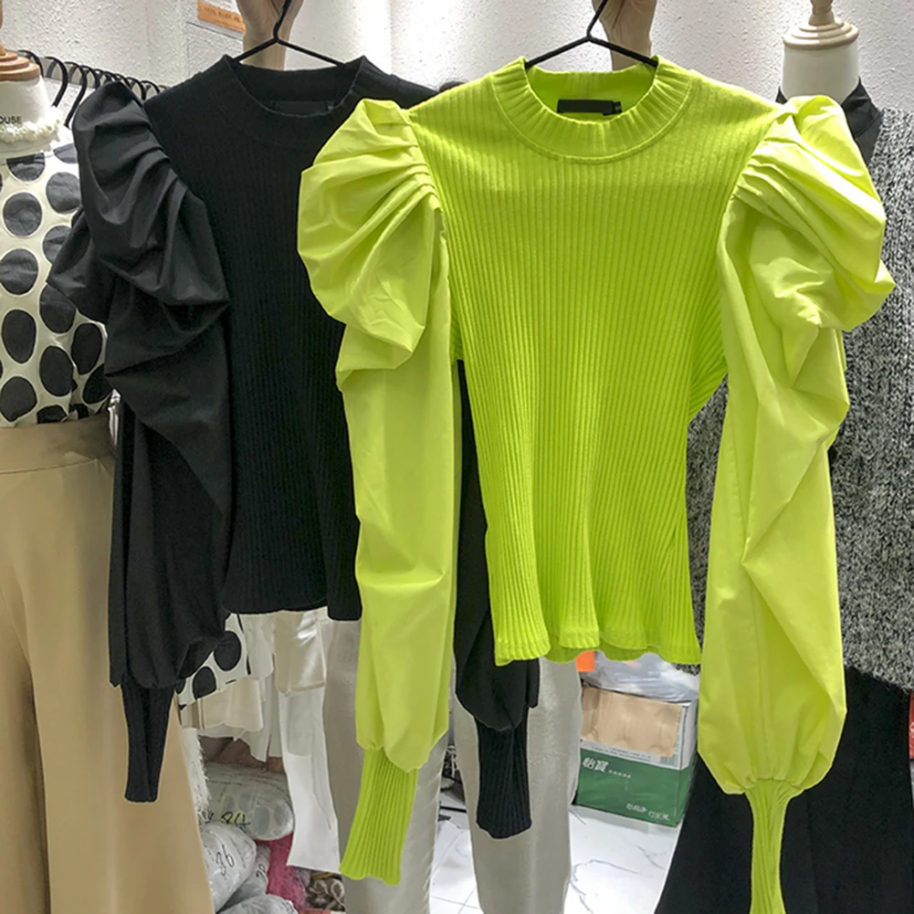 Новые женские одноцветные плиссированные каскадные топы с оборками в стиле пэчворк, трикотажные повседневные рубашки с длинными рукавами и темпераментным дизайном