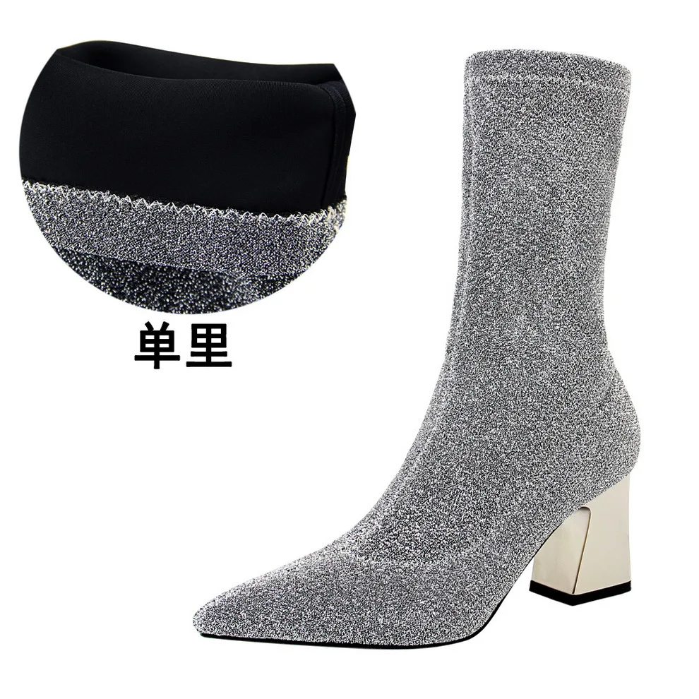 Yalnn Sexy Women BootsThick Heels High Heel Pointed Toe Ankle Boots Square Heels Pointed Toe Basic Shearling Boots for Ladies - Цвет: gray