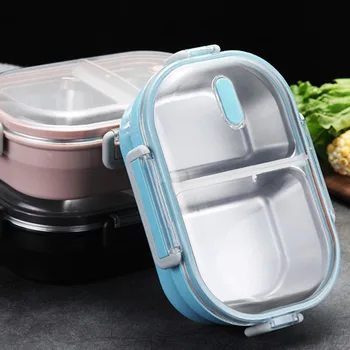 

HOT Stainless Steel Lunch Box Compartments Leak-proof Thermal Removable Handle Box TI99