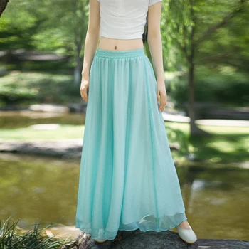 

2020 chinese style double chiffon wide leg pants retro casual pants solid white black full length loose women trousers hanfu