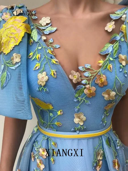Bleu ciel robes de soire musulmanes sangle Spaghetti jaune dentelle islamique dubaï saoudien arabe longue égante