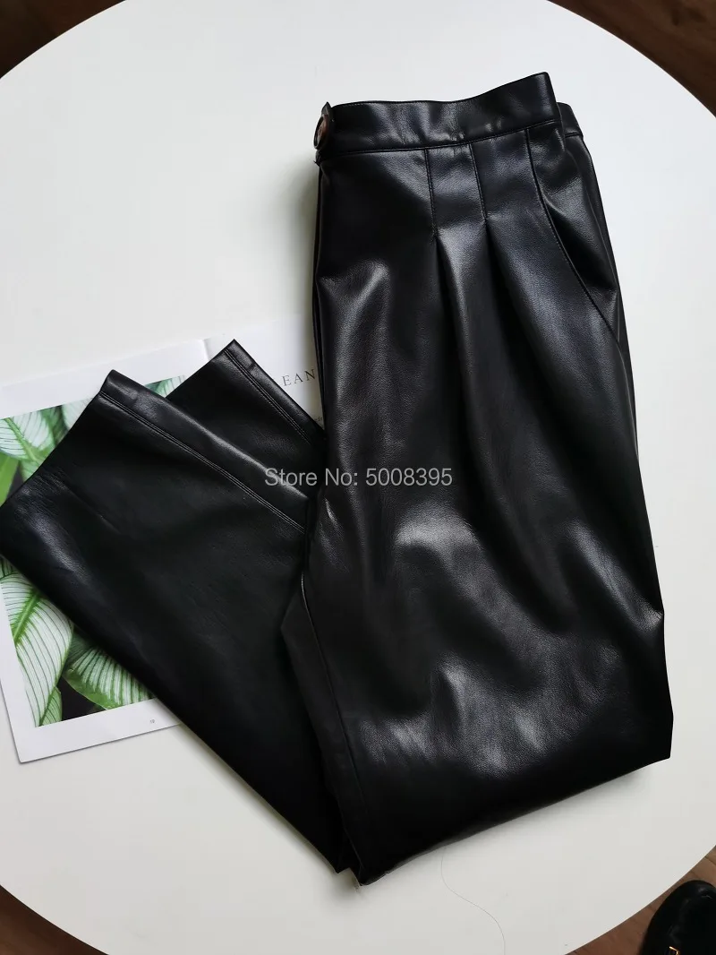 Редкость! Мягкие кожаные прямые укороченные брюки с пуговицами и боковыми карманами, модные женские брюки 2019FW - Цвет: Черный