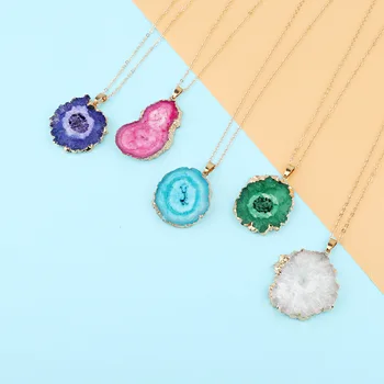 

New Irregular Natural Stone Necklace Drusy Geode Druzy Quartz Pendant Necklaces Golden Chain Link Necklace For Women Collar