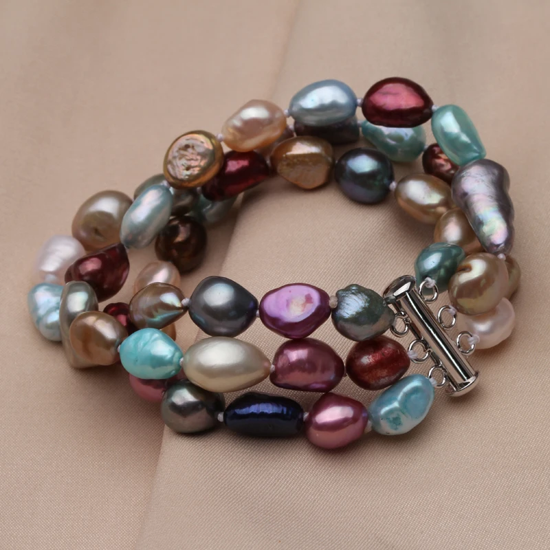 Настоящие браслеты из натурального жемчуга для женщин, разноцветный браслет из пресноводного жемчуга, ювелирное изделие для девушек, модный подарок на день рождения, три ряда