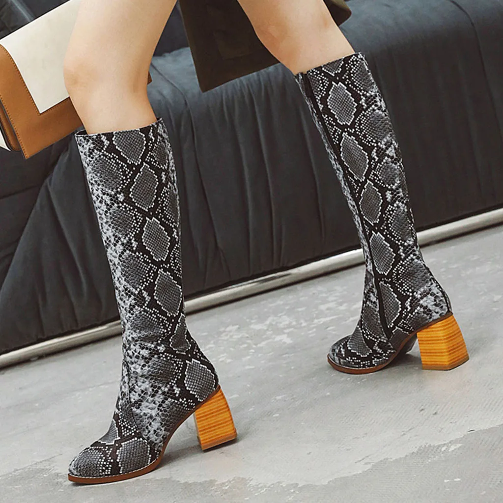 Винтажные женские ботинки; модные однотонные сапоги до колен с круглым носком на молнии; обувь на квадратном каблуке; Большой размер 43; zapatos de mujer
