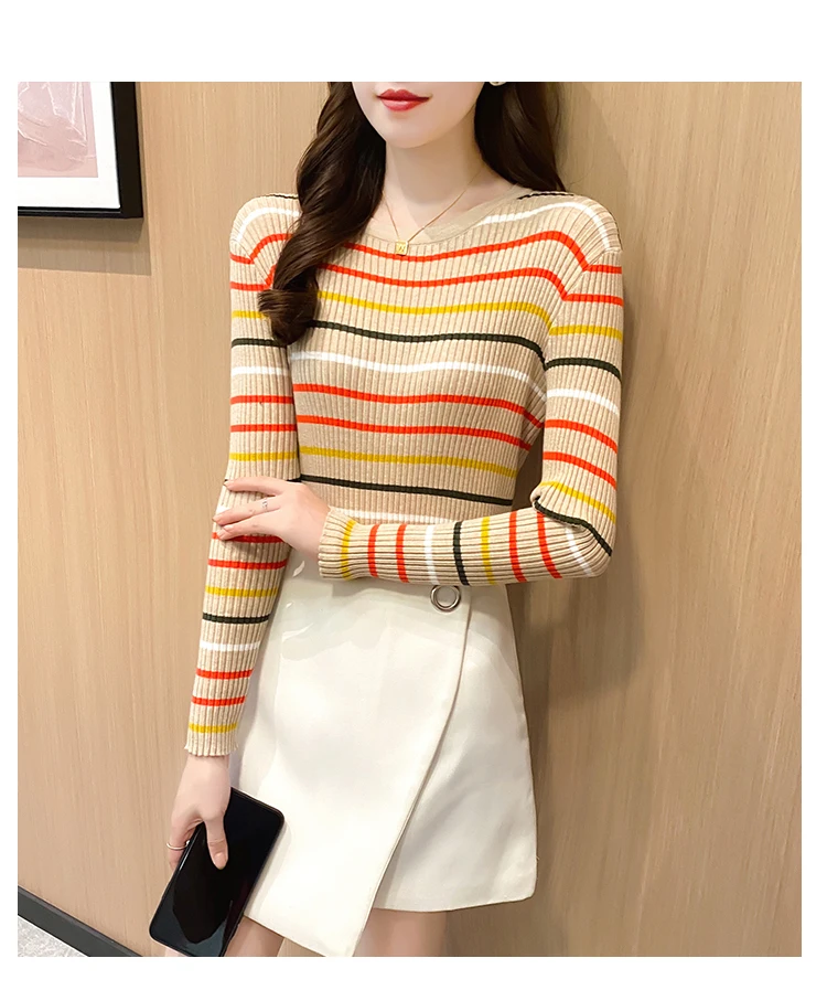 New Women Rainbow Stripe Sweater Winter Slim Long Sleeve Pullover Tops Korean Ladies Knitted Elegaht Sweaters Woman Jumper Mujer