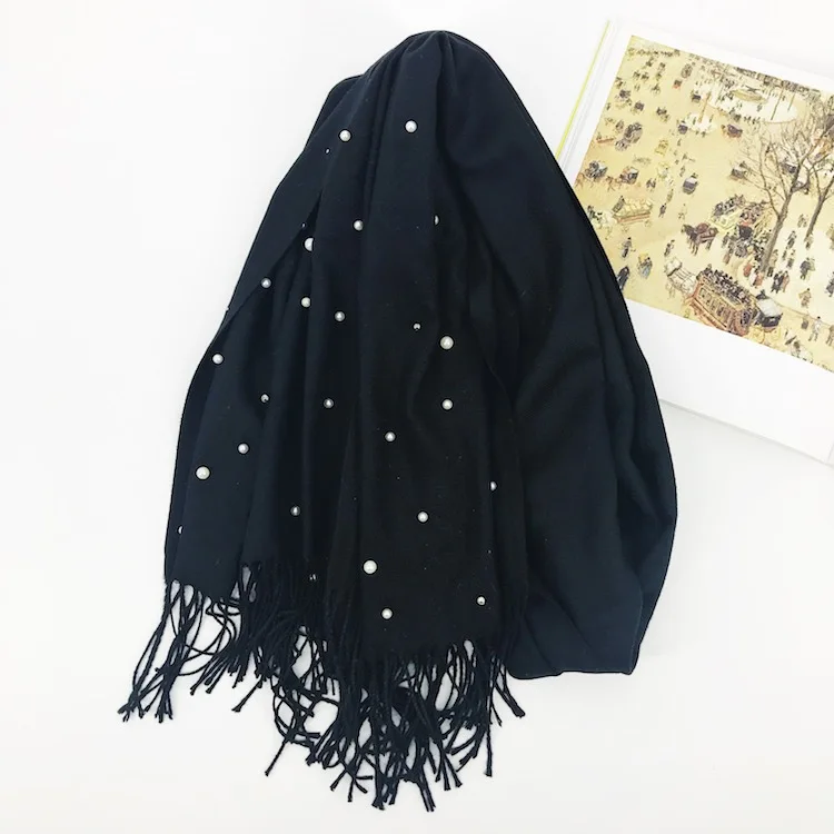 Luxury Brand Scarf Thick Winter Women Scarf Warm Cashmere Star pearl solid Tassel Shawl Wrap Blanket Hijab Lady Scarf Pashmina - Цвет: Черный