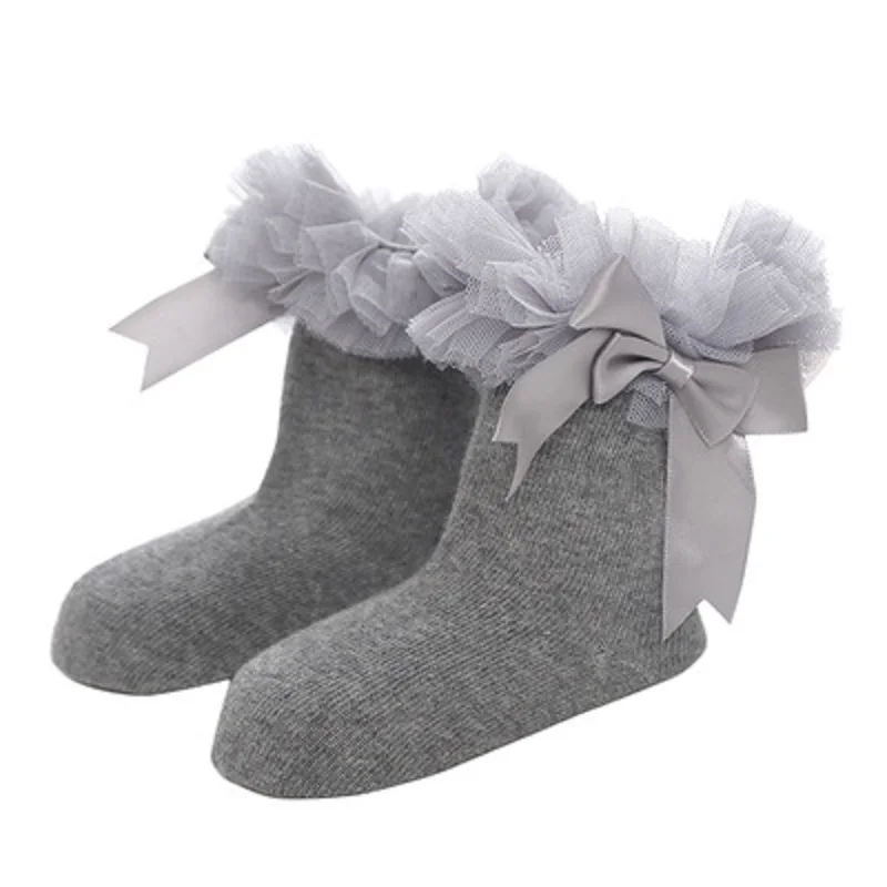 light gray big lace От 0 до 8 лет красивое платье принцессы с кружевным бантом детские гольфы носки для малышей нескользящие для маленьких девочек носки в стиле радуги, для младенцев малышей короткие носки - Цвет: light gray big lace