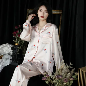 

Satin Nightwear Bathrobe Women Print 2PCS Pajamas Set Shirt&Pants Sleepwear Casual Sleepwear Home Clothes Kimono Robe Gown