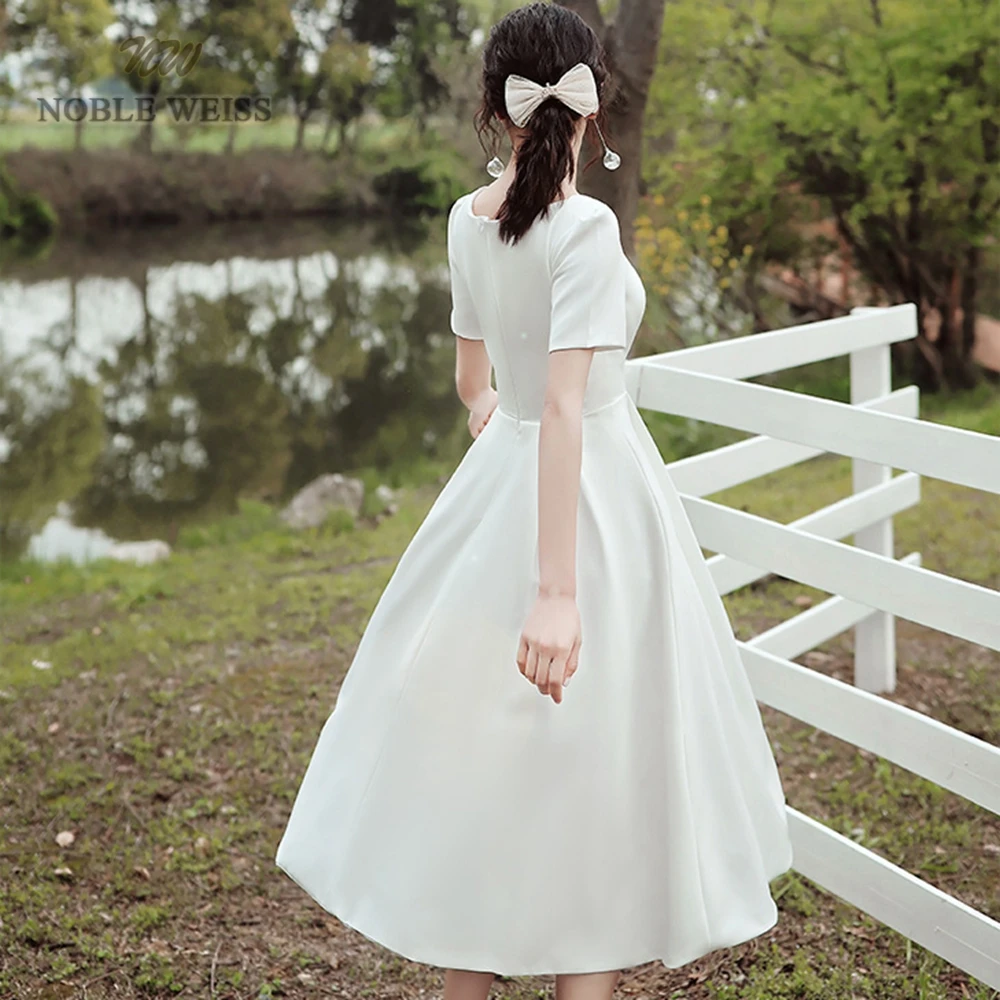 Prom Dress A-Line Short Prom Dress  Cocktail Dresses  Satin  Tea-Length  Sexy Prom Dress with Short Sleeves