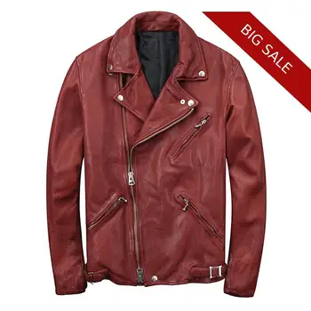 

2020 Red Men Slim Fit Biker's Leather Jacket Turn-down Collar Genuine Sheepskin Autumn Spring Short Motorcycle Leather Coat