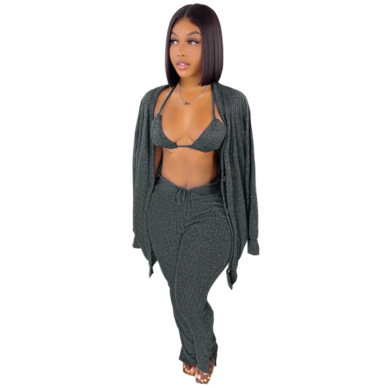 Adogirl Women Solid Sweater 3 Piece Set Lace Up Bra Top Full Sleeve Single Breasted Long Cardigan Split Flare Pants Knitted Suit plus size suit sets