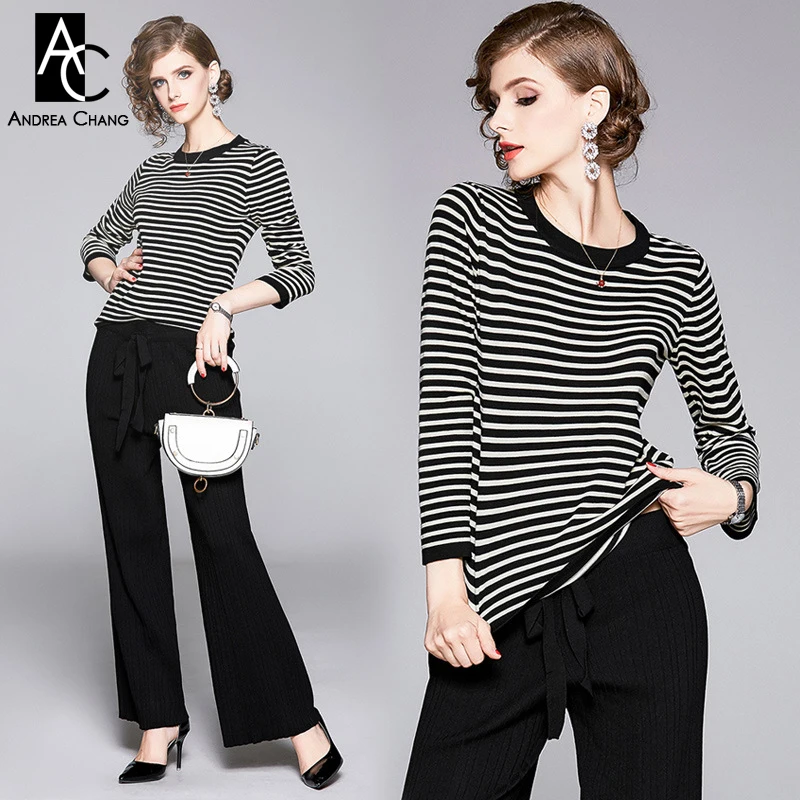 

ONE SIZE autumn winter woman clothing set horizontal black white strip pattern blouse + black pants fashion casual office suit