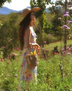 

Original Retro Printed Chiffon Slim Temperament Long Strap Dress Women