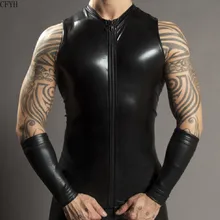 Сексуальная мужская черная на молнии искусственная кожа без рукавов PU майка жилет белье без рукавов Мужская майка